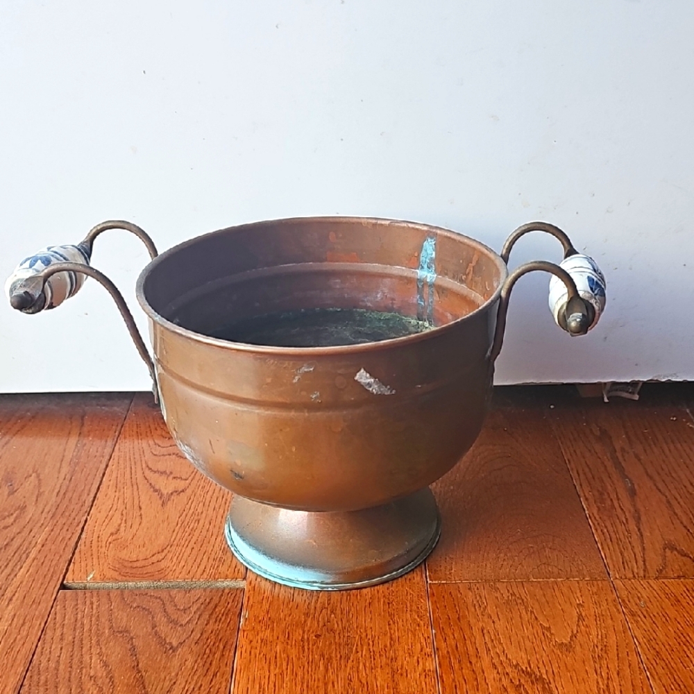 Copper Planter with Delft Blue Handles